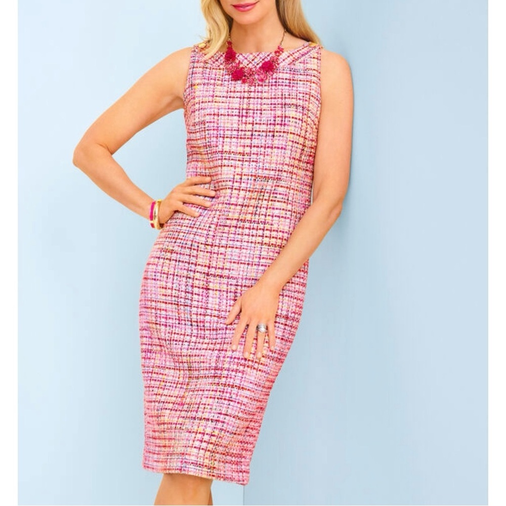 RSVP by Talbots Ribbon Tweed Shift Dress 12 Pink Gold Party Preppy Office Work